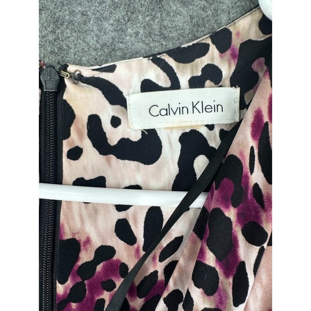 Calvin Klein Leopard Print Dress Women M Wrap Style Purple Black Knee Length - Picture 6 of 13